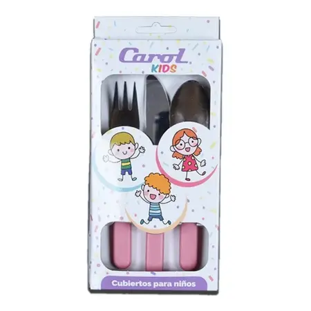  Juego X3 Cubiertos Carol Niños Infantil Acero Inox Plástico Rosa