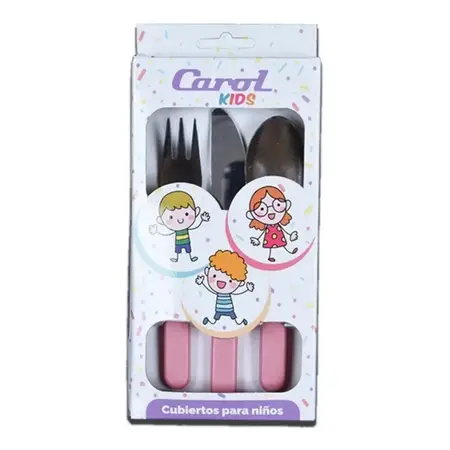  Juego X3 Cubiertos Carol Niños Infantil Acero Inox Plástico Rosa