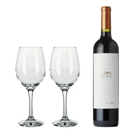 Copa Barone 490ml X2 + Vino Malbec Alma Mora 750 Tinto Regal Transparente