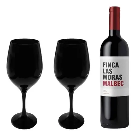 Copa Barone Negra 490ml X2 + Vino Malbec Finca Las Moras Reg Negro