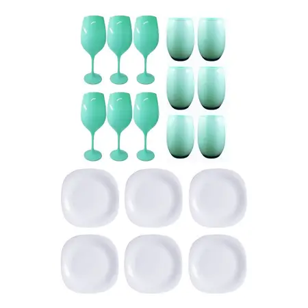 Copa Barone + Vaso Mikonos + Plato Playo Carine Negro X18 Pz Blanco + aqua