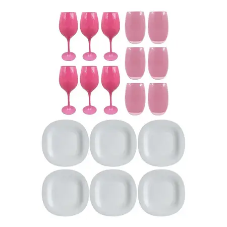 Copa Barone + Vaso Mikonos + Plato Playo Carine Negro X18 Pz Gris + rosa