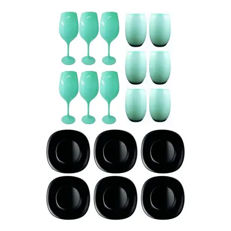 Copa Barone + Vaso Mikonos + Plato Playo Carine Negro X18 Pz Negro + aqua