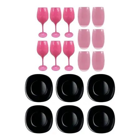 Copa Barone + Vaso Mikonos + Plato Playo Carine Negro X18 Pz Negro + rosa