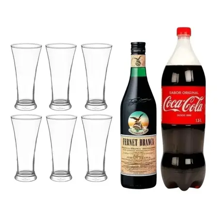 Fernet Botella 750ml + Coca Cola 1,5lt + 6 Vasos Super Pinta