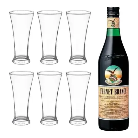 Fernet Botella 750ml + Vasos De Vidrio Long Drink Durax 6uni