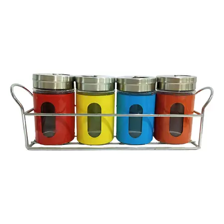 Frascos Especieros Colores Vidrio Set X4 Uni + Base Colgante