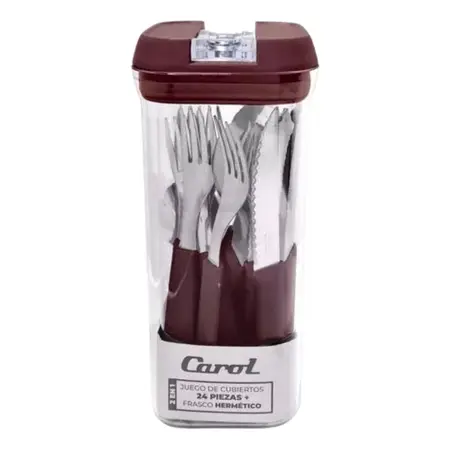 Juego 24 Cubiertos Con Frasco Hermético Carol Fusión Colores Borravino