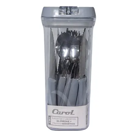 Juego 24 Cubiertos Con Frasco Hermético Carol Fusión Colores Gris