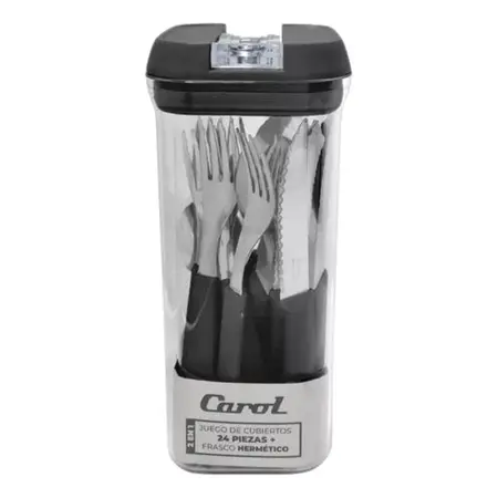 Juego 24 Cubiertos Con Frasco Hermético Carol Fusión Colores Negro