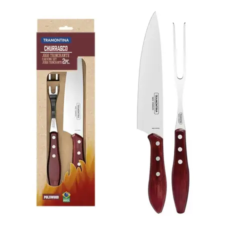 Juego Asado Polywood Tramontina Acero Inox Mango Madera 2 Pz