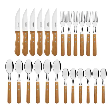 Juego De Cubiertos Dynamic Con Láminas De Acero Inoxidable Y Mangos De Madera Natural 24 Pzs Tramontina En Caja