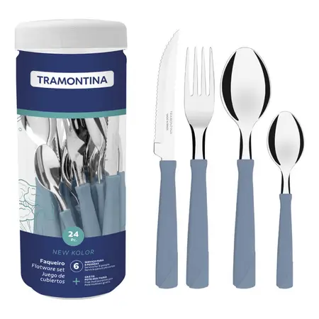 Juego De Cubiertos Tramontina New Kolor 24 Piezas En Frasco Azul