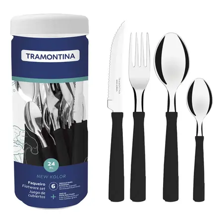 Juego De Cubiertos Tramontina New Kolor 24 Piezas En Frasco Negro
