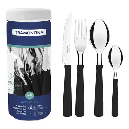 Juego De Cubiertos Tramontina New Kolor 24 Piezas En Frasco Negro