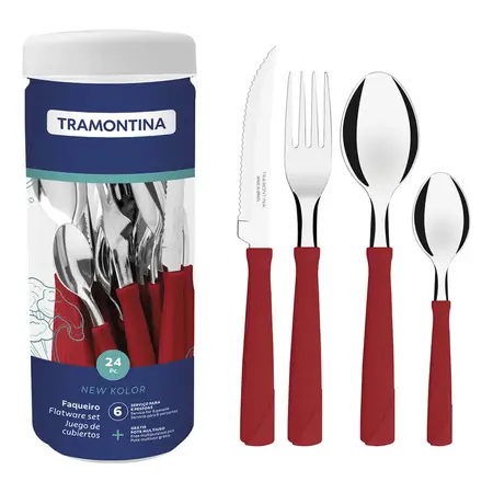 Juego De Cubiertos Tramontina New Kolor 24 Piezas En Frasco Rojo