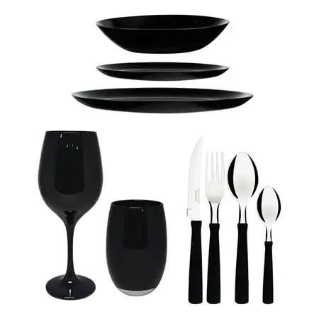 Juego De Vajilla 54 Piezas Negro Plato Vaso Copa Cubiertos Negro