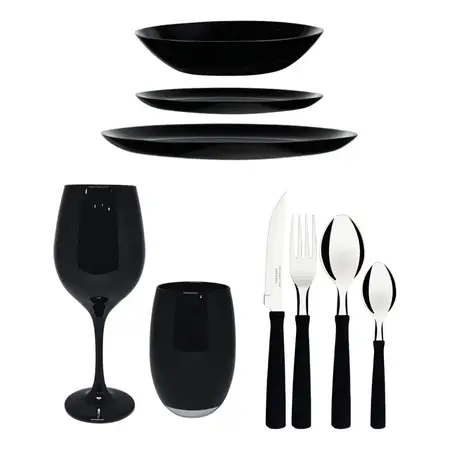 Juego De Vajilla 54 Piezas Negro Plato Vaso Copa Cubiertos Negro