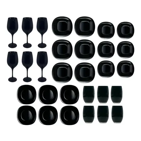 Juego Vajilla Plato Playo Hondo Postre Copa Vaso Negro 30 Pz Negro