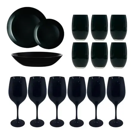 Juego Vajilla Plato Playo Hondo Postre Copa Y Vaso X30 Cuota Negro
