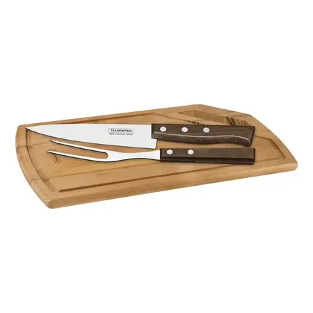 Kit Asador Parrillero Tramontina Acero Inox Tabla Madera 3pz