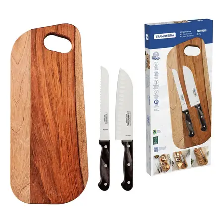Kit Fiambres 3 Piezas Polywood Cuchillos Tabla | Tramontina Marrón Roble