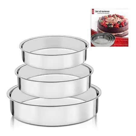Moldes Torta Tortera Acero Inoxidable Set X3 Tamaños Diferen - Plateado