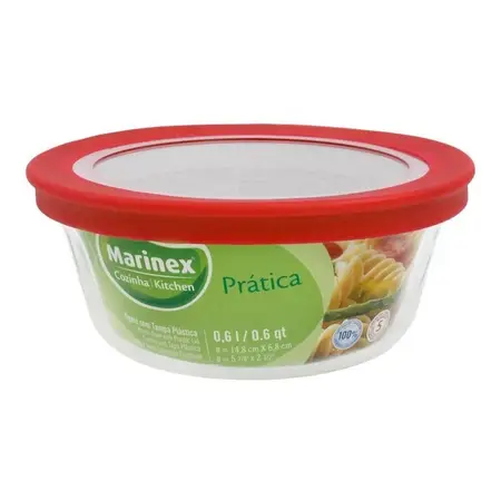 Recipiente Redondo Vidrio Templado 0,6 Lts Con Tapa Marinex Rojo