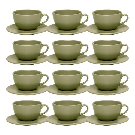 Set 12 Tazas De Té 200 Ml C/plato Ceramica 14 Cm Unni Oxford Oliva