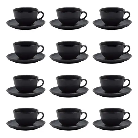Set 12 Tazas Té 200ml C/plato Cerámica Flat Onix | Oxford Negro Radial