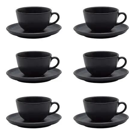 Set 6 Tazas Té 200ml C/plato Cerámica Flat Onix | Oxford Negro Radial