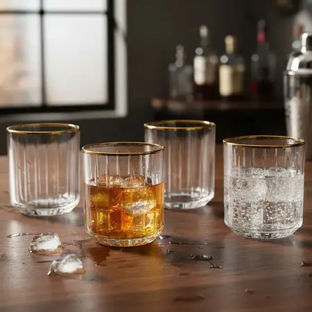 Set 6 Vasos De Whisky Borde Filete Dorado 315 Ml Vidrio Tke Transparente