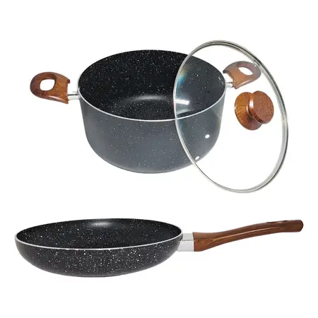 Set Batería De Cocina 3 Pz Granito Cacerola Y Sarten 24 Cm Negro