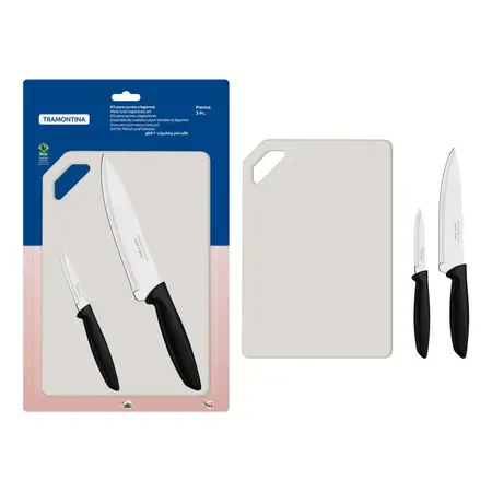 Set Cocina Cuchillo Plenus + Tabla Para Corte Tramontina 3pz Negro y blanco