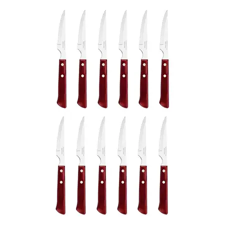 Set Cuchillos Chuletero Churrasco Polywood 12 Piezas Acero Inoxidable Color Rojo