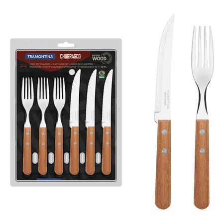 Set De 12 Cubiertos Tramontina Churrasco Dynamic Acero Inoxidable Mango Madera 22399/030