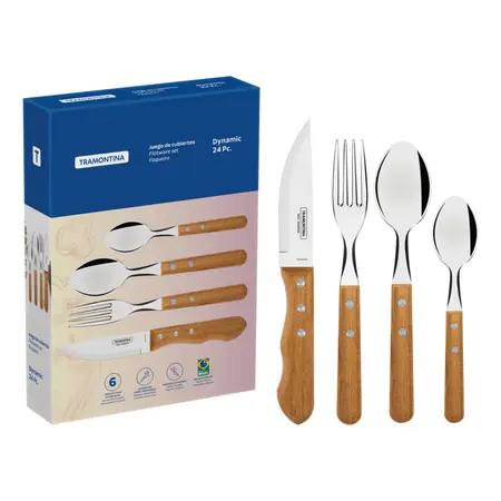 Set De 24 Cubiertos Asado Tramontina Dynamic Jumbo Churrasco Madera