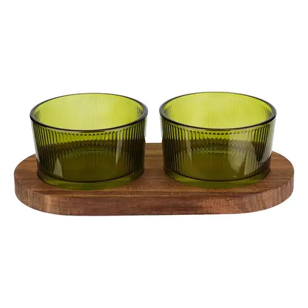 Set De 2 Dips Frasco Vidrio Verde Con Base De Madera | Carol Verde