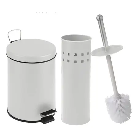 Set De Baño 2 Piezas Escobilla Y Tacho Cesto Metal Diseño Blanco