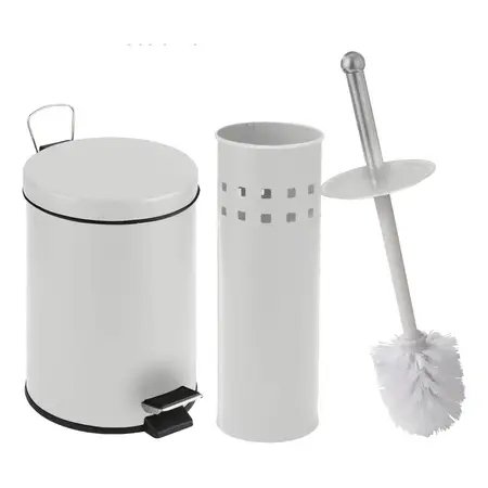 Set De Baño 2 Piezas Escobilla Y Tacho Cesto Metal Diseño Blanco