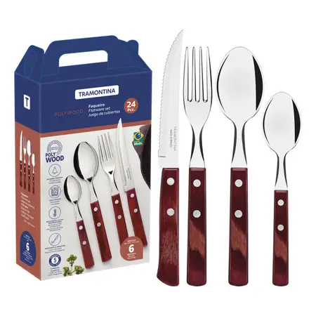 Set De Cubiertos Polywood 24 Und Acero Y Madera | Tramontina Rojo