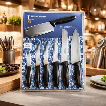 Set De Cuchillos Tramontina Plenus X7, De Acero Inoxidable Y Mango De Polipropileno Negro