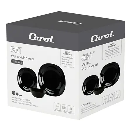 Set De Vajilla Vidrio Opal Negro Lisa 12 Piezas 4 Platos Playos + 4 Platos Postre + 4 Bowls Soperos Carol