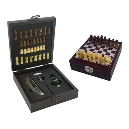 Set De Vino Con Juego Ajedrez Caja Madera Sacacorchos 4 Pzs