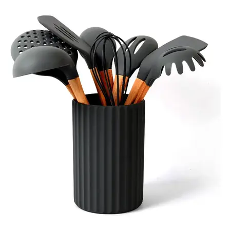 Set Utensilios De Cocina Silicona 9 Piezas Soporte | Carol Negro