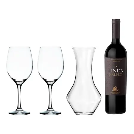 Set Vino La Linda Malbec + 2 Copas Barone 490ml + Decantador
