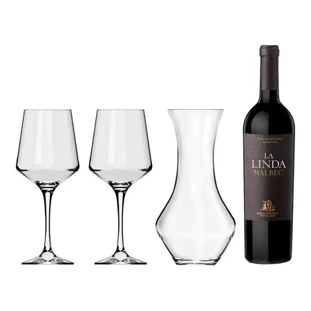 Set Vino La Linda Malbec + 2 Copas Brunello 490ml + Decanter
