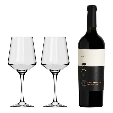 Set Vino Perro Callejero 750 + 2 Copas Vidrio Brunello 490ml