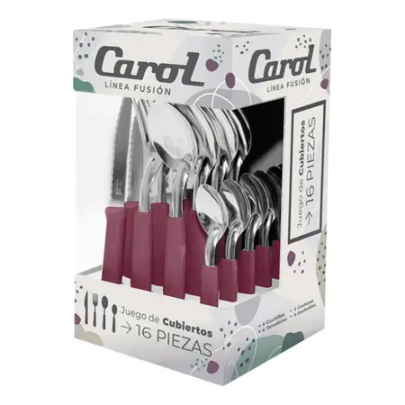 Set X16 Cubiertos Carol Soft Caja Acero Inox. Mango Plástico Borravino Fusion