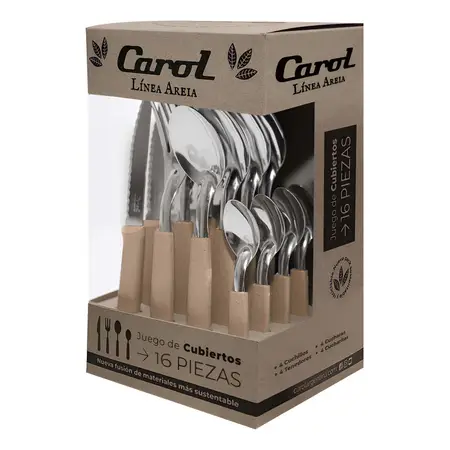 Set X16 Cubiertos Carol Soft Caja Acero Inox. Mango Plástico Color Damasco Areia
